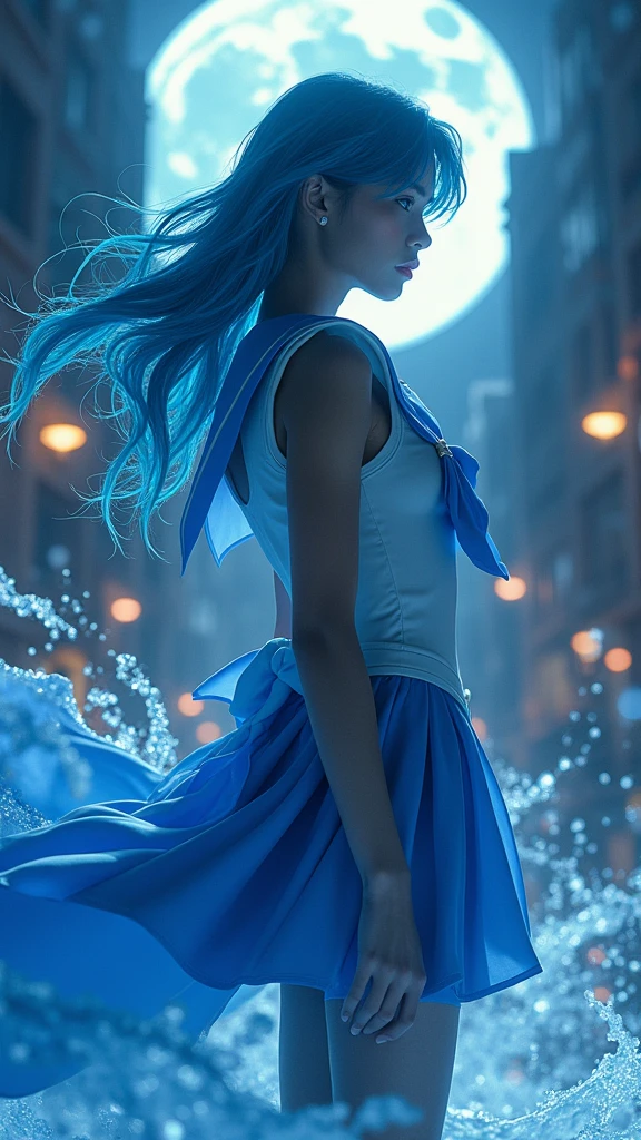 Sailor Mercury with blue hair and , (dark ebony skin:1.4),(background city destroyed apocalypse Tokyo night :1.4), Artgerm JSC, portrait knights of zodiac girl, extremely detailed Artgerm, Ross Tran 8 K, in the style of ross tran, Artgerm Julie Bell Beeple, by Ross Tran, ross tran style, alena aenami and artgerm, inspired by Ross Tran, high quality, (raw photo, best quality), (realistic, Photorealistic: 1.4), (extremely delicate and Beautiful: 1.4), Amazing, fine details, masterpiece, Ultra detailed, high resolution, best illustration, best shadow, intricate, ( extremely intricate: 1.2), (exquisitely detailed skin), cinematic light, Perfect anatomy, (cool color: 1.4), Sharp focus, 8K UHD, DSLR, (Fujifilm XT3),(dark ebony skin:1.4),( cinematic lighting :1.4), ,(Tokyo cyberpunk ruined dungeon ruins background :1.4 ),( pose americano :1.4), (Sailor Mercury :1.4), (a uniform with a blue skirt and light blue bows:1.4) .(85mm f/1.4), (different face extensions :1.4), (beautiful woman beauty a goddess of nature :1.4), epic fantasy art style hd, 4K fantasy art, epic fantasy digital art style, epic fantasy art style, Fantasy Woman, epic fantasy art portrait, Epic fantasy style, hyperrealistic fantasy art, hd fantasy art, epic fantasy character art, epic fantasy art, in style of dark fantasy art, epic fantasy digital art, (Sailor moon Mercury:1.4), (Sailor Mercury V2.1), (half body pose:1.4 ), - floating particles, magic water:1.4),( floating water:1.4) ,(surrounded by swirling water:1.4), (skirt lifted by itself: 1.1), (skirt lift: 1.3), (showing white panties: 1.3), (mostrando panties upskirt :1.4)