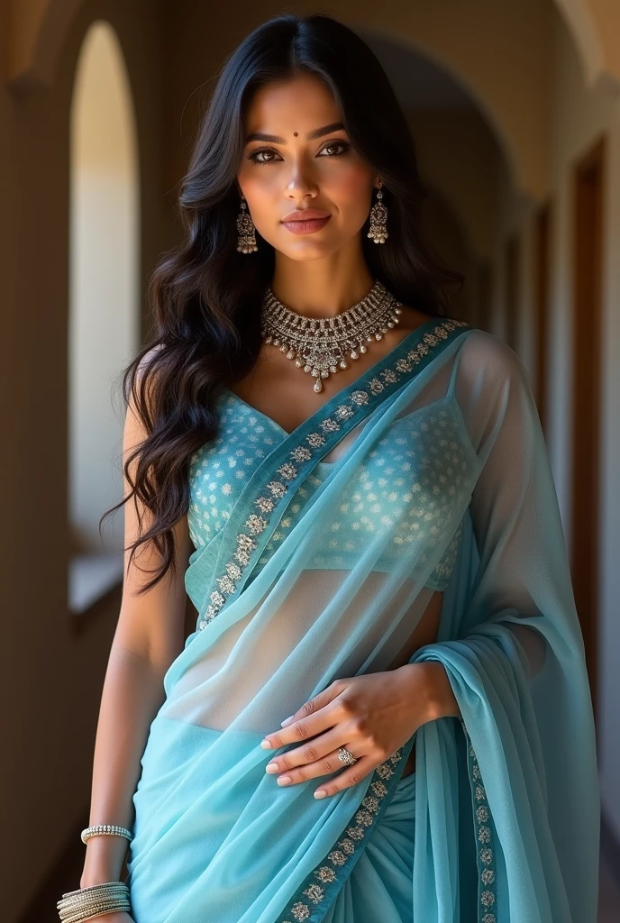 ((best quality)), ((masterpiece)), (detailed), 
Extremely hot tight figure beautiful bhabhi 
in blue white sarees with sleeve blouse full 
sexy hot breast clavege ultra slim tight figure 
Hot waist navel sexy Hip curves hottest Body 
love bite in belly button 