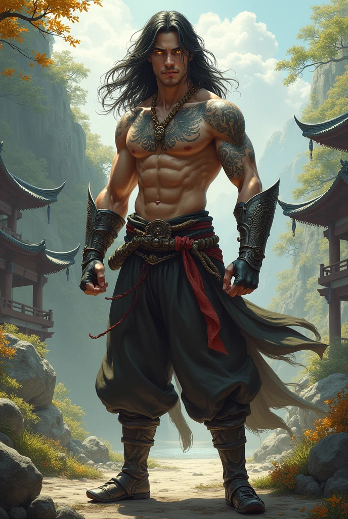 an 18-years male, with long hair, several tattoos on his body, an iron gauntlet, yellow eyes, cloth pants and steel boots in a medieval Asian setting