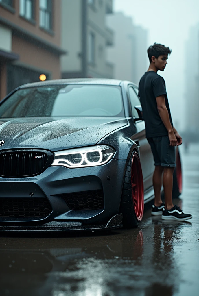 A modified BMW M5  with a boy standing near it with a Nike shoe parked in the rain with fog showing its side 