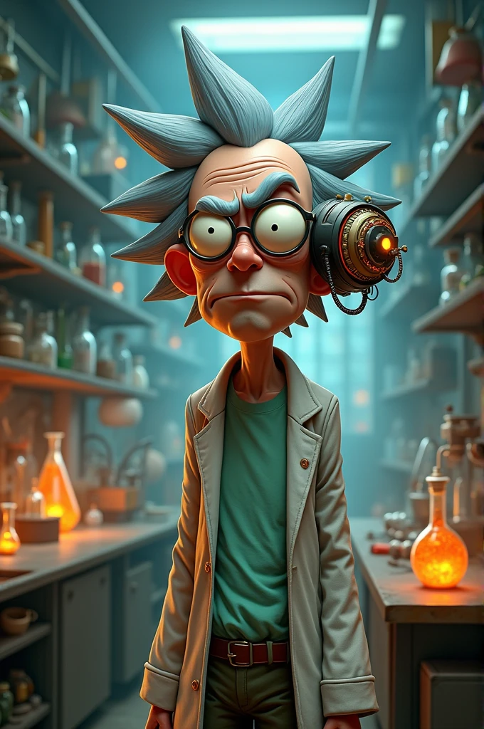 Give me a scientist who looks like Rick from Rick and Morty, who has a hearing aid in his ear which is his friend.