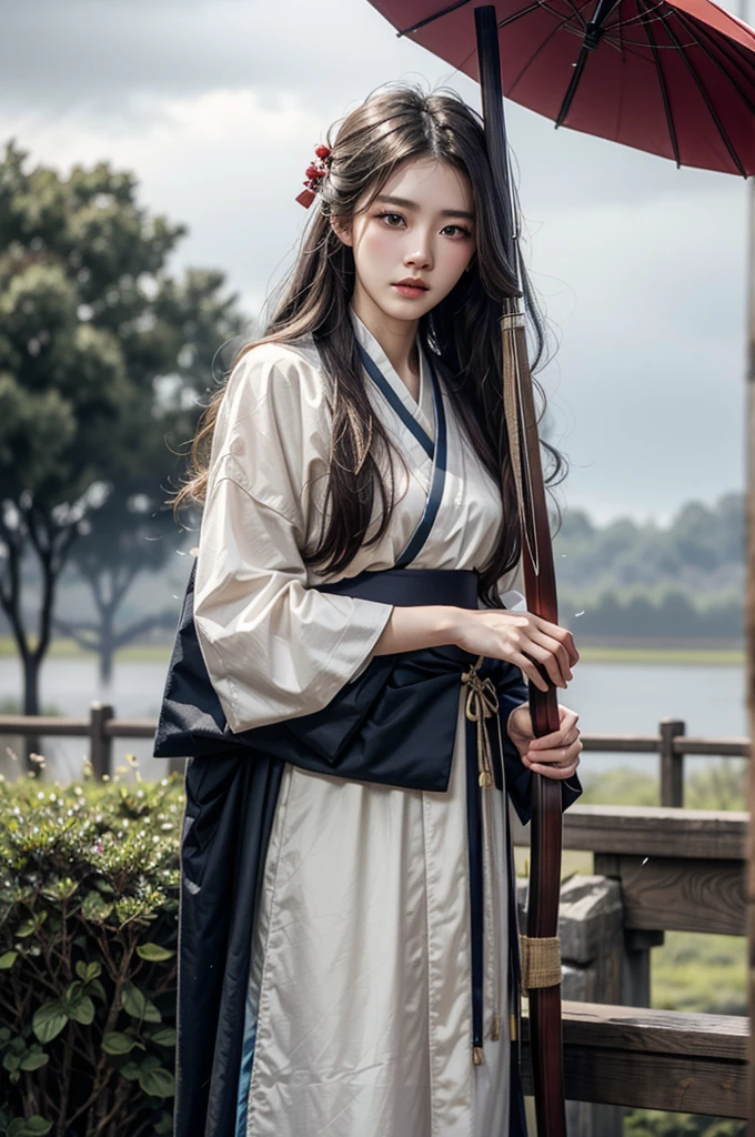 A chinese beauty in color hanfu, hold bow and arrow head in front, in archery status, sad, looking in front, many raindrops falling in cloudy sky, 4k hd photo, cinerma lighting, half body