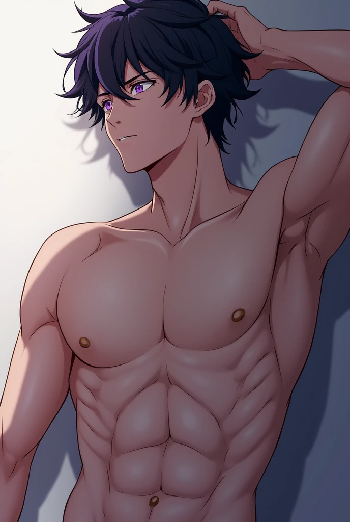 Screenshot of boku no hero academia 1 boy naked anime man shirtless white skin handsome black hair with wavy purple and purple eyes sexy pose back buttocks nude full body