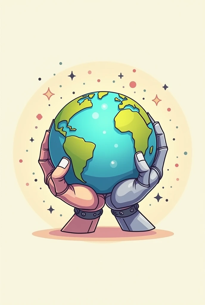 a cartoon image of a two hands of a human and a hand of robot holding a globe