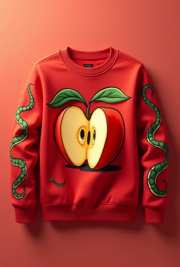 A red sweatshirt with a cartoon-like drawing of a normal apple cut in half that is just a golden-colored split apple and wings on the sides and on the sleeves of the sweater drawings of golden snakes so that the apple is not so big.