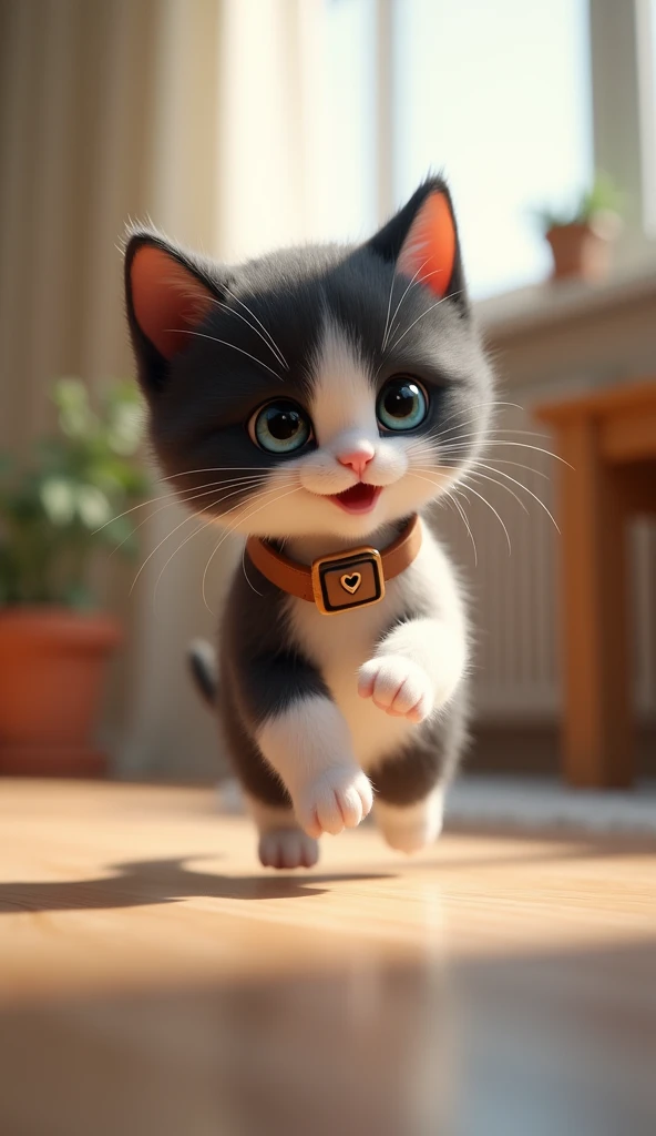 3D cute black and white  kitten、running、Inside the house、masterpiece, Background Blur, shut up., A belt decorated with a black heart mark、Highest quality, stand up