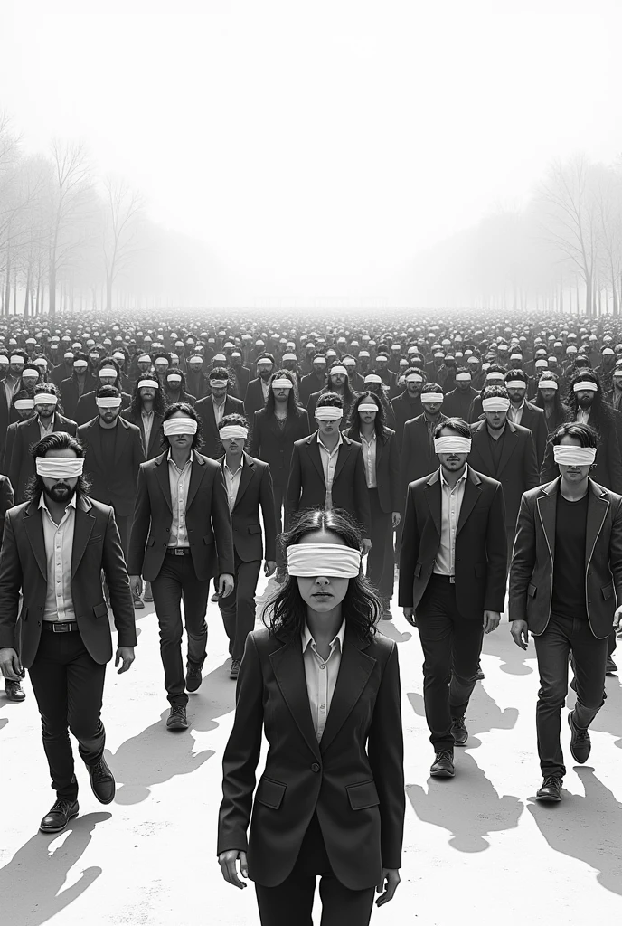 A black and white image of a blindfolded crowd, walking in different directions aimlessly. The image could show some people colliding with each other or running into obstacles., symbolizing the lack of direction and social awareness