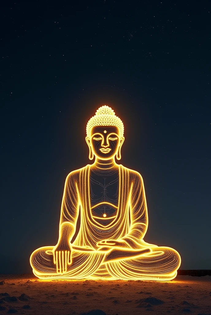 ( perfect anatomy ) light painting(Draw Buddha statues using only golden light lines)Close-up golden light line drawing Buddha statue (Just use lines) In the dark starry sky, benevolence and compassion are in the sky, sitting in a quiet seat. A wide-angle lens shoots from bottom to top. Tranquility, simple aesthetics, art master masterpiece, movie scene, very detailed masterpiece., fair. Realistic, fresh and elegant aesthetic style airbrush digital oil painting is very beautiful, Perfectly composed and exquisitely crafted, high-quality work by a master artist