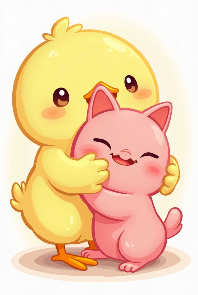 Twitch emote image of a colored chick hugging a pink cat
