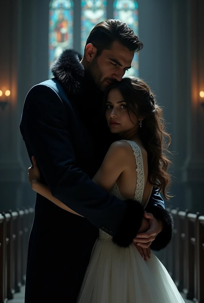 A tall man in a navy blue suit, black fur, intimidating looking man in his 30s hugging a brown haired white woman in her 20s WEDDING DRESS CHURCH DARK