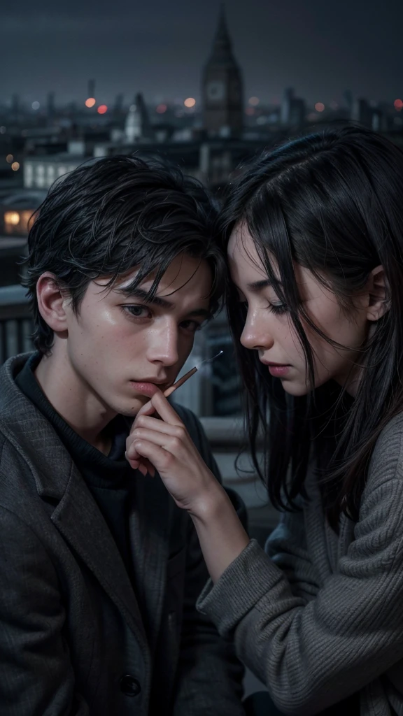 Create a book cover, with London in the background, in a greyish tone, with black and dark blue. The smoke of a cigarette lit between the fingers of someone whose face cannot be seen, forming a heart and a silhouette of a boy and a girl in the middle of this.