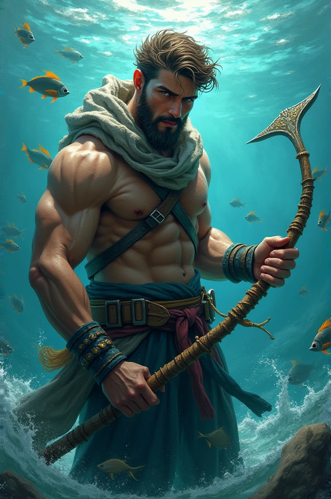 Young fisherman of European origin with the power to breathe underwater using a harpoon created with ocean magic