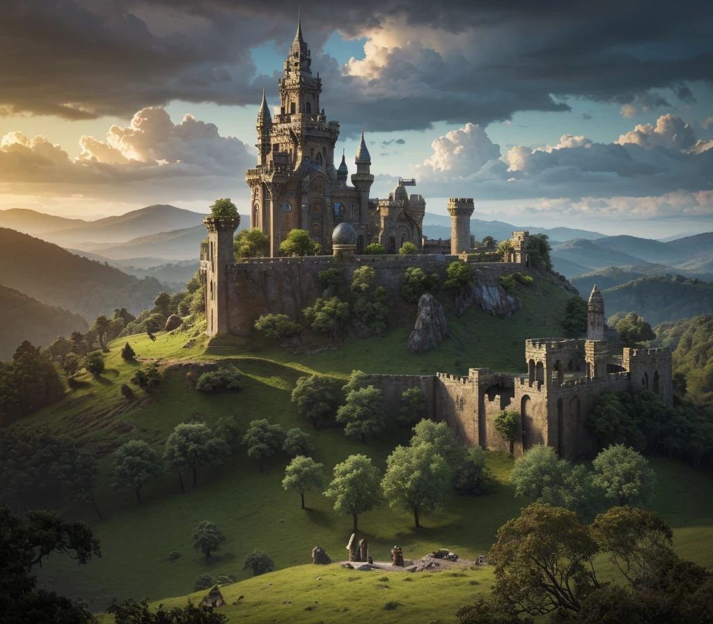 beautiful detailed fantasy landscape, ancient castle, rolling hills, lush forest, dramatic cloudy sky, sunlight shafts, ornate architecture, detailed textures, intricate stonework, mossy ruins, fantasy plants, mythical creatures, Bard (best quality,8k,highres,masterpiece:1.2),ultra-detailed,photorealistic,fantasy art,dramatic lighting,cinematic composition