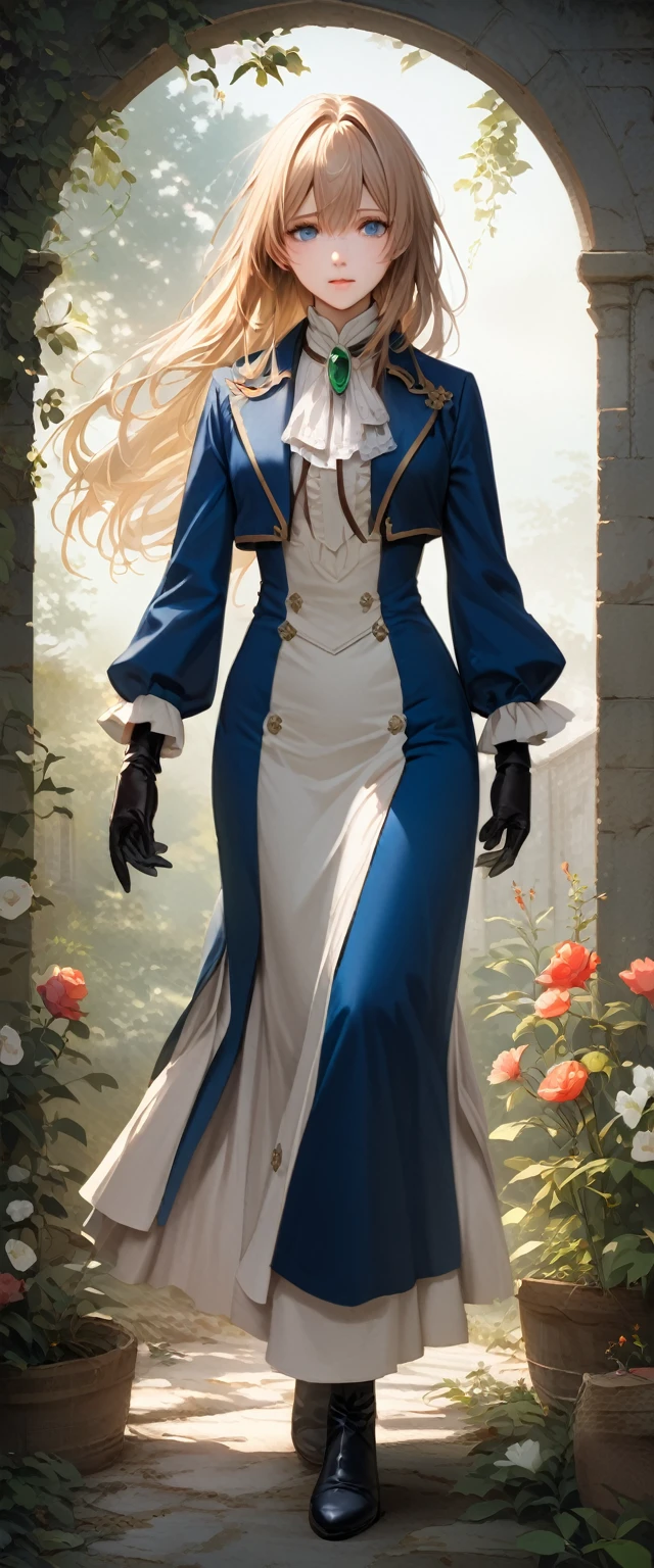France in the 1890s。The main character of Violet Evergarden has blonde shoulder-length hair with a red ribbon.。She is wearing a classical aristocratic outfit based on ultramarine blue, with a white ribbon on her chest and an emerald necklace in the center.。He has black leather gloves on both his arms.。She has very beautiful blue eyes。In the background you can see a slightly blurred French garden.。She always looks sad and lonely。Beautiful and realistic photos.。Walking far away。She is wearing a white flared skirt.