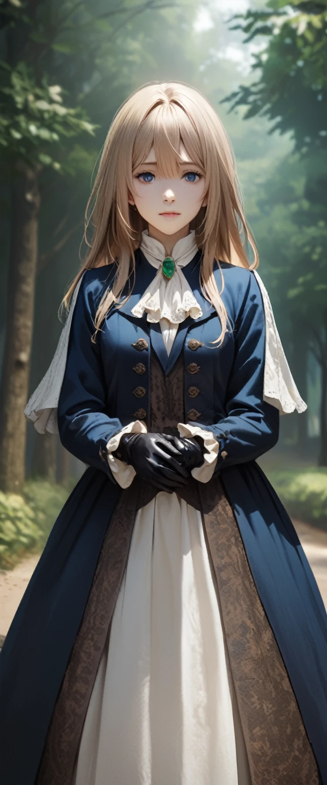 France in the 1890s。The main character of Violet Evergarden has blonde shoulder-length hair with a red ribbon.。She is wearing a classical aristocratic outfit based on ultramarine blue, with a white ribbon on her chest and an emerald necklace in the center.。He has black leather gloves on both his arms.。She has very beautiful blue eyes。In the background you can see a slightly blurred French garden.。She always looks sad and lonely。Beautiful and realistic photos.。Walking far away。She is wearing a white flared skirt.