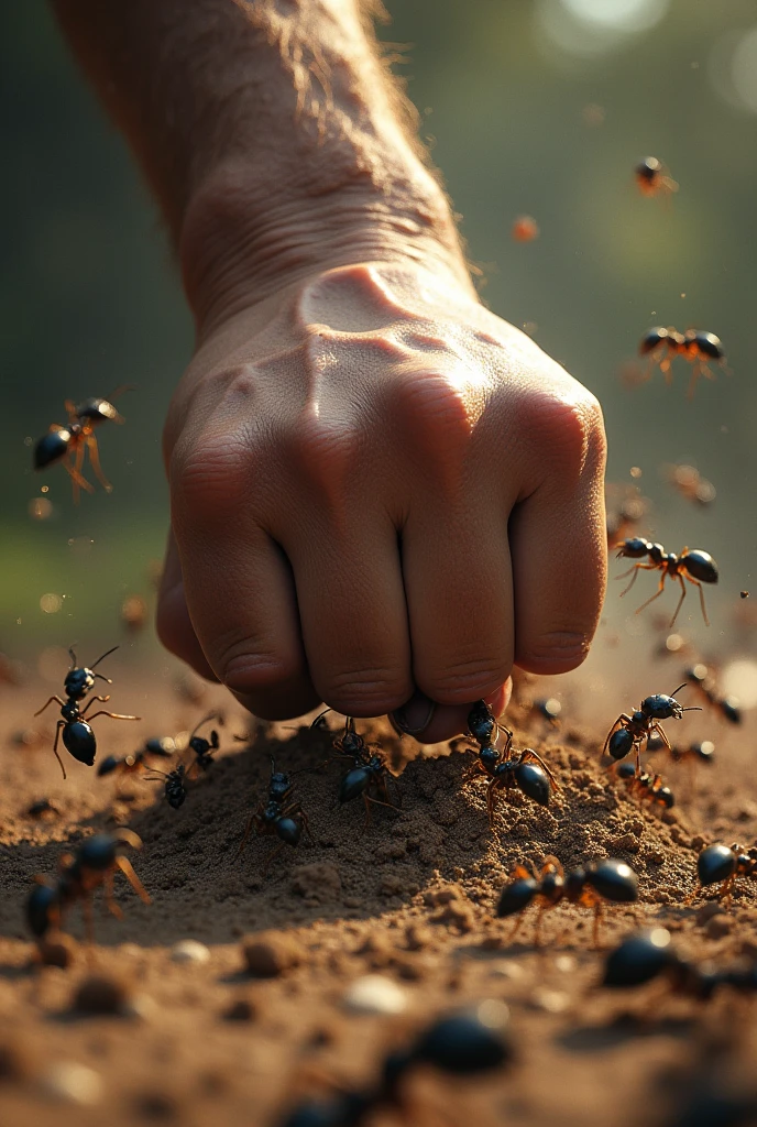 A powerful fist is struck vertically on the ant nest full of ants, some ants are shocked, some ants are fighting, the background is the mud sputtering, the picture composition golden ratio, reflecting the antagonism of hands and ants, fierce fighting, vertical composition. Realistic style, 3D quality