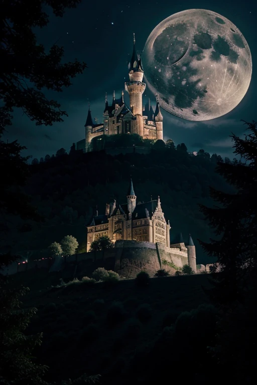 A big castle in the middle of a forest under a full moon and crows