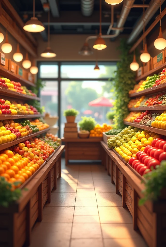 Create an image depicting a small grocery store with shelves full of fresh fruits and vegetables.  
   - The fruits include apples, bananas, and oranges, neatly displayed on the shelves.  
   - The store has a warm and friendly atmosphere with soft lighting. 