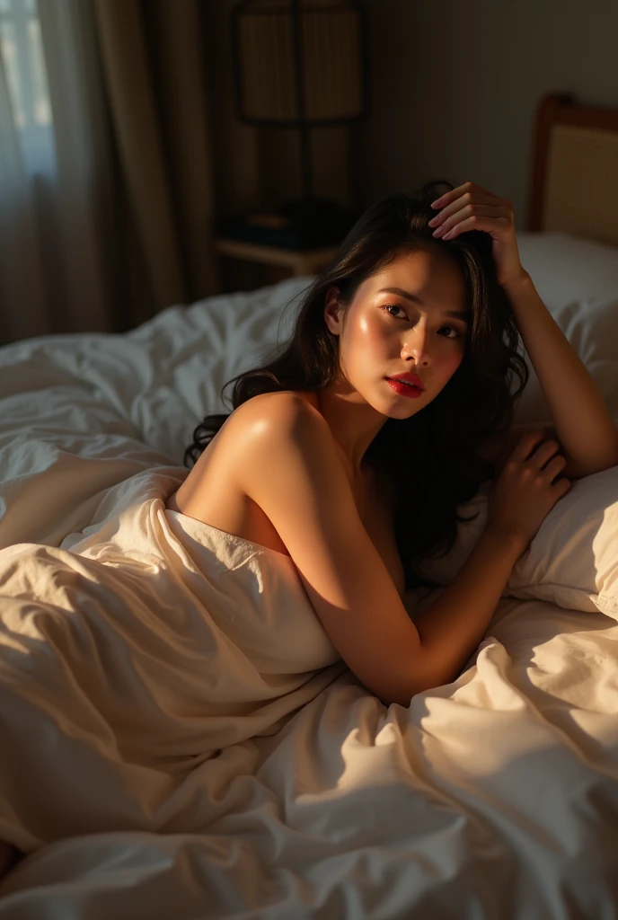 An Asian woman in bed with great attributes, a curvy figure and Naked