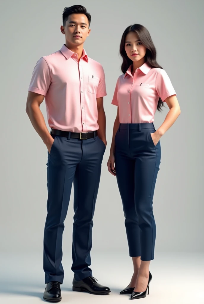 (photorealism:1.2) A male and female model wearing a school uniform for education college internship students where uniform should look like a they are professional teachers. The male model is wearing a light pink (with sewn design) button-down polo matched with dark blue trouser and black school shoes. The female model is wearing a tight fit uniform top (with sewn design) inserted in a dark blue trouser with high heels. Their final look should look like they are professional teachers.
