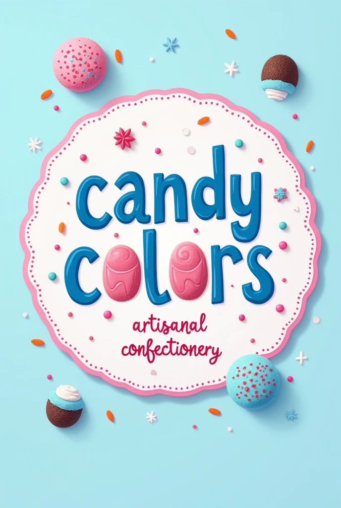 writing "candy colors" in blue and pink and written underneath in smaller letters in cursive "artisanal confectionery" in a sweet tone with brigadeiros and sprinkles around it with a blue background and a pink circle around it 