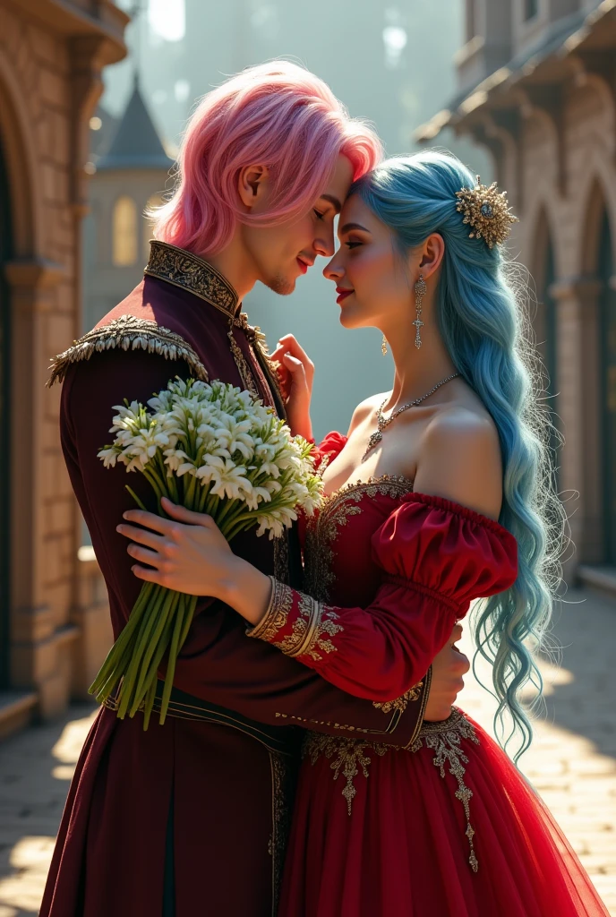 ((Masterpiece, Best Quality, Highest Image Quality, High Resolution, Photorealism, RAW Photos, 8k)), A beautiful woman, 20 years old female, pale skin, fine feature, soft feature, young face, oval face, lightly smile, straight long hair, blue haired, hair flying in the wind, show forehead, silver cross necklace, long feather earrings, red wedding dress, Medieval style, off shoulders, lily-of-the-valley bouquet. And a pink haired man. They're hugging. Outdoors, daytime, sunlight, in the circus, gothic architecture, Christmas.