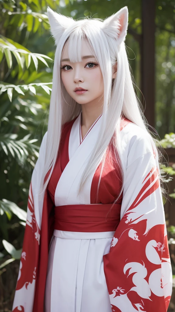 White Demon Fox、Nine-tailed Fox、Japanese women、kimono、Fair skin、Red lines on face、8K、I have long hair