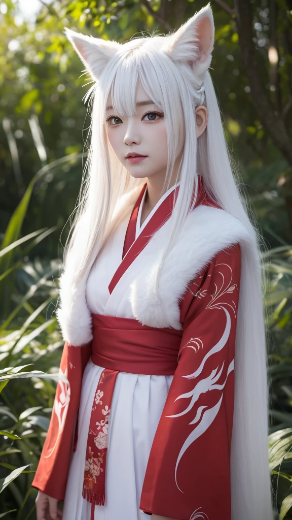White Demon Fox、Nine-tailed Fox、Japanese women、kimono、Fair skin、Red lines on face、8K、I have long hair
