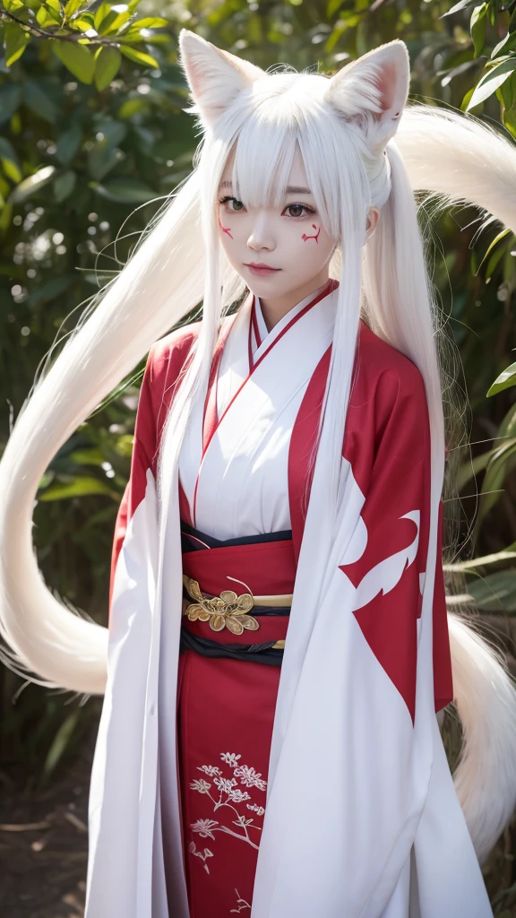 White Demon Fox、Nine-tailed Fox、Japanese women、kimono、Fair skin、Red lines on face、8K、I have long hair