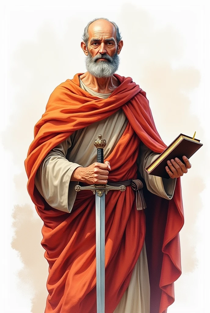 illustration, drawning, fullcolor, watercolor style, de meio corpo, of the holy Saint Paul the Apostle. Man around 50 years old, thin and bald hair, with furrowed eyebrows, with a slightly pronounced nose and full of charm. In his right hand he holds a sword at waist height, in the left hand a bible. high quality image
