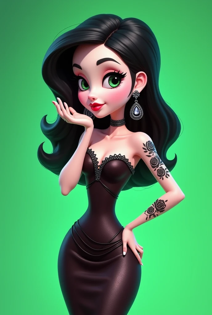 A bratz-like animation of a girl with medium black hair, White-skinned with a dot piercing on her left side nose with large earrings in her ears posing in evening wear blowing a kiss with a tattoo with many black roses on her left arm on a completely green background without blur