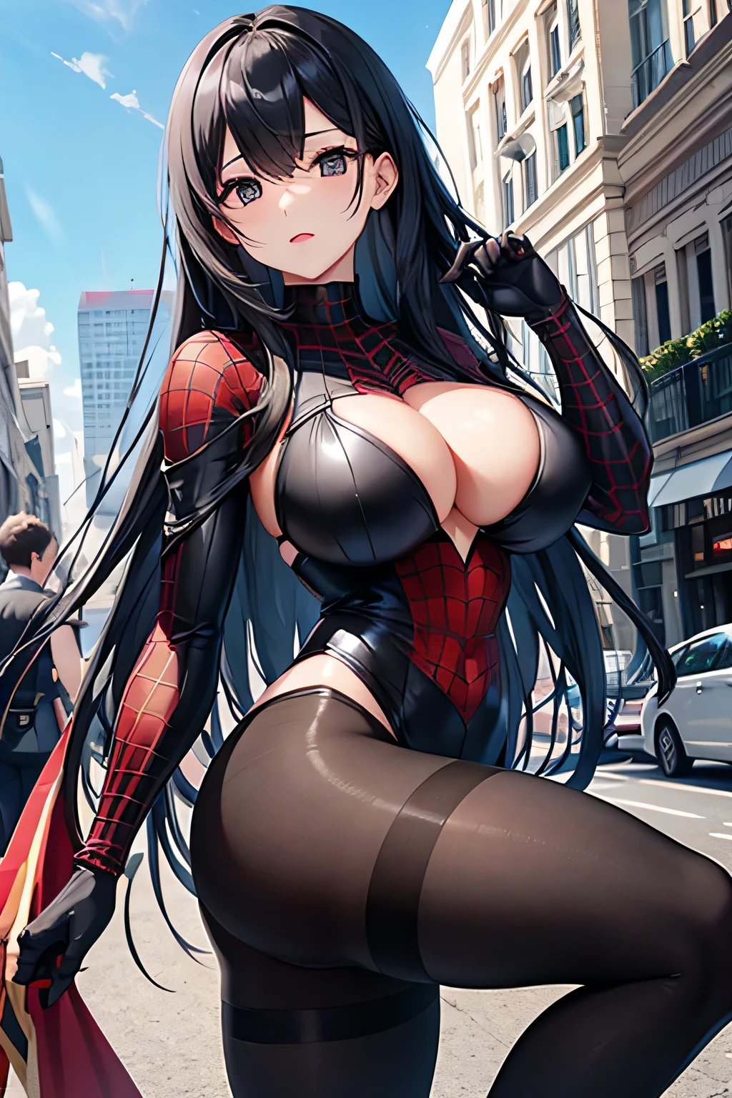 Adult women、Black Hair、Black eyes、Long Hair、Big Breasts、black spiderman tights、In town