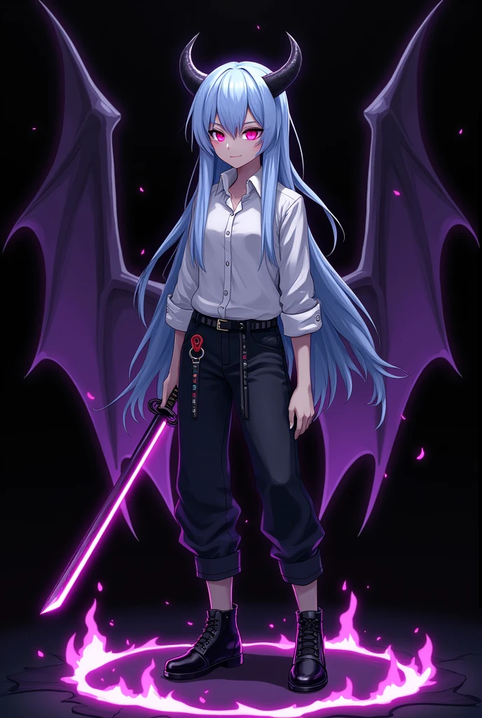 More mature anime style image. An image with a black background and some purple details. a teenage girl, with long light blue hair and red eyes that gave off a kind of frightening glow, wore a white dress shirt rolled up to her elbows, a black pants and a black boot. Small black horns came out of her hair, his skin was gray in a serious expression, his face no longer looked so human, I now remembered exactly what it was: A demon. He used a katana that emanated a dark purple glow around the blade and over himself., all over your body. There was a strange glow behind him that gave the shape of purple wings and armor around his body..