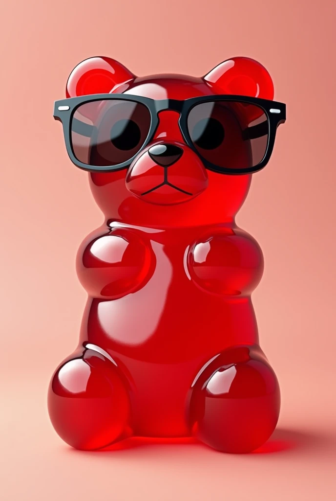 Red gummy bear with black sunglasses sitting


