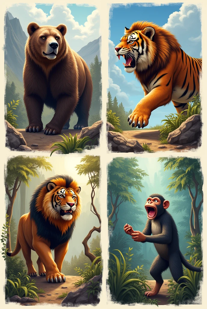 4 cards of wild animals with their characteristics bear, tigre, leon, mono