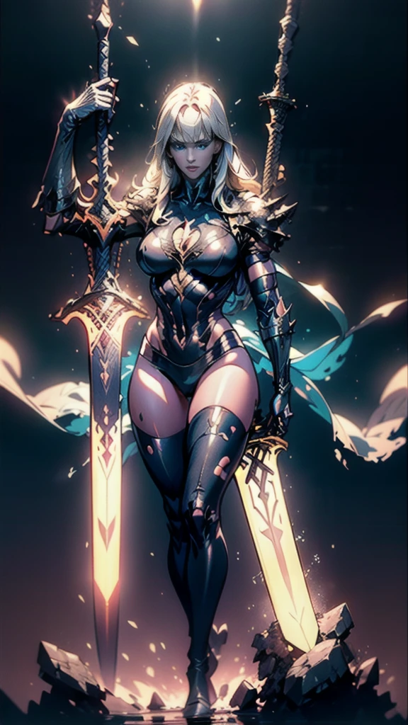 (full body portrait), Magik of X-men, Illyana Rasputin with long white hair, piercing blue eyes, wearing a low cut unitard with high cut legs, tight thigh high boots, holding a glowing magical sword, jumping with sword raised back behind head, huge overhead swing of sword, floating in a mystical realm with swirling energy, (best quality,8k,highres,masterpiece:1.2),ultra-detailed,realistic,photorealistic,photo-realistic:1.37,concept art,dark fantasy,digital painting, dramatic lighting, cinematic, intricate details,ethereal,otherworldly atmosphere, no bra, (torn clothes:1.3)