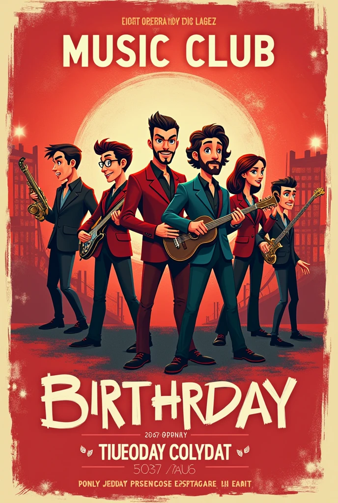 Design a music club birthday poster in red and cream tones