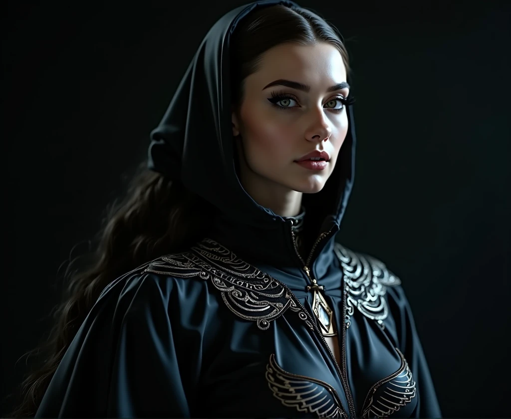 a beautiful muslim woman with very pale skin, wide blue eyes, wearing a dark black hijab and stylish black leather outfit, holding a samurai sword, detailed portrait, (best quality,4k,8k,highres,masterpiece:1.2),ultra-detailed,(realistic,photorealistic,photo-realistic:1.37),extremely detailed eyes and face,longeyelashes,beautiful detailed eyes,beautiful detailed lips,intricate details,dramatic lighting,cinematic,fantasy,dark,moody