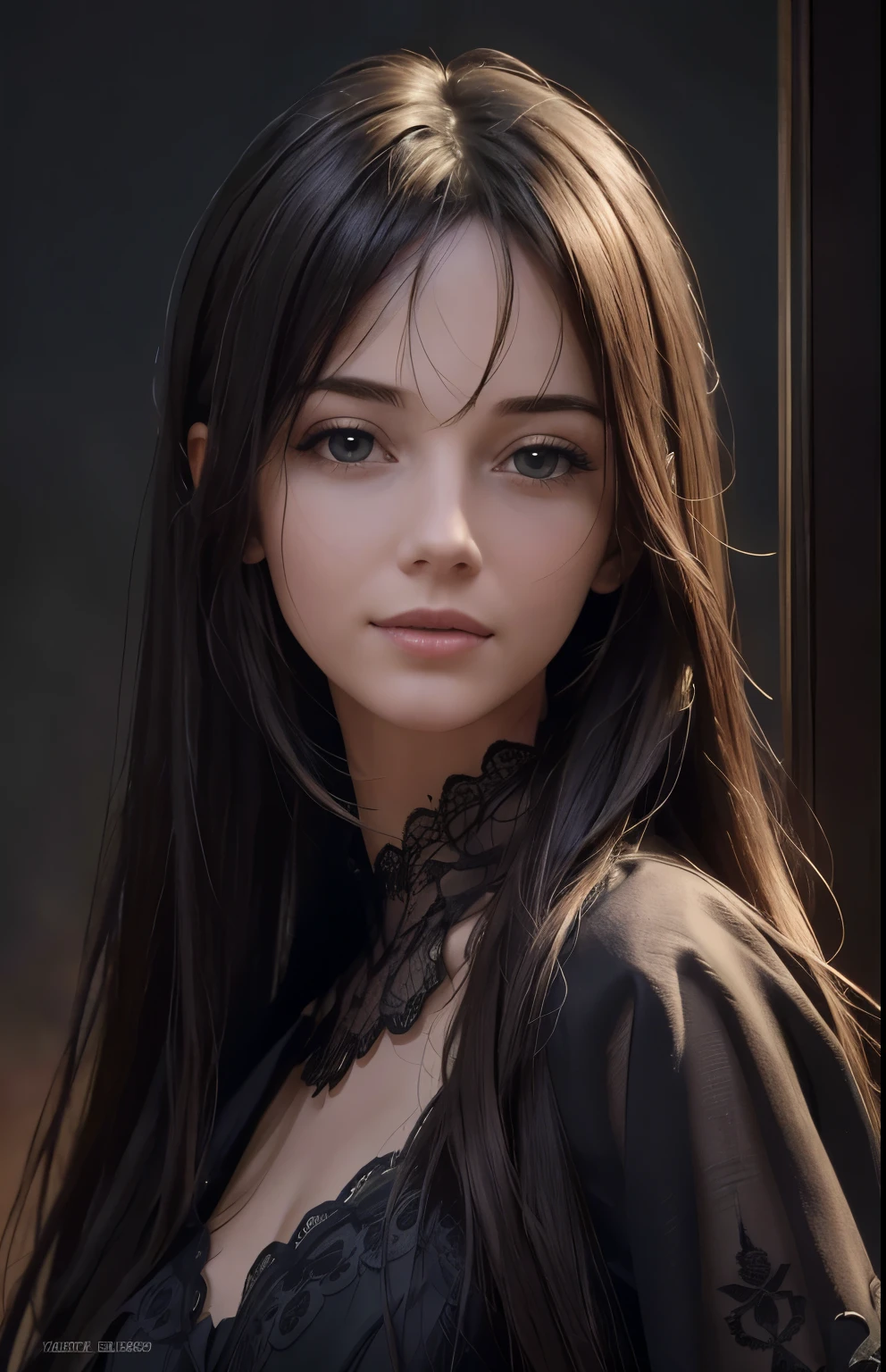 (extremely realistic), (illustration), (improved resolution), (8k), (very detailed), (Best illustration), (beautiful and delicate eyes), (best quality), (very detailed), (masterpiece ), ( wallpaper), (detailed face), alone, 1 girl, looking at viewer, fine details, detailed face, in the dark, deep shadows, low key, pure face_v1, smiling, long hair, black shawl straight hair , 46 point diagonal bangs