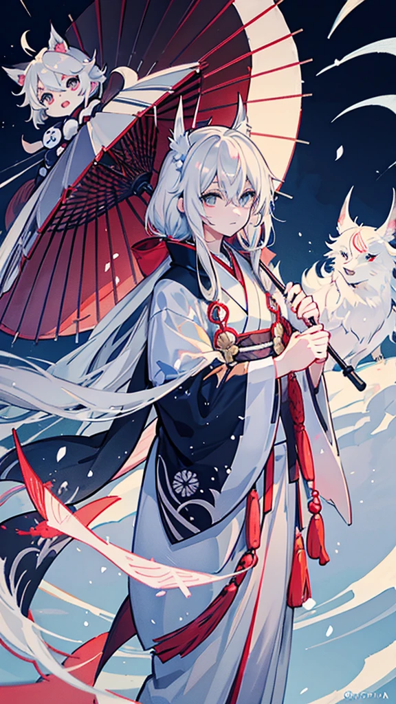 White-haired anime character holding a white umbrella in the snow, Gray-haired deity, Onmyoji portrait, Gray-haired, onmyoji, Gray-haired, White fox, Handsome Japanese Devil Boy, In kimono, The Detailed Art of the Onmyoji, Inspired by Sukenori Nishikawa, of long white hair, White Fox Anime, Beautiful male grim reaper

