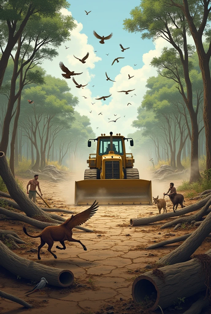 Drought, bulldozer pushing logs, animals run around, flying birds, people cut down trees