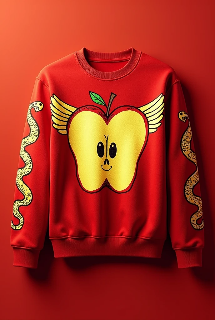 A red sweatshirt with a cartoon-type drawing of a normal apple cut in half that is just a golden-colored split apple and wings on the sides and on the sleeves of the sweater drawings of golden snakes so that the apple is not so big, a hombliguera sweatshirt says lufer