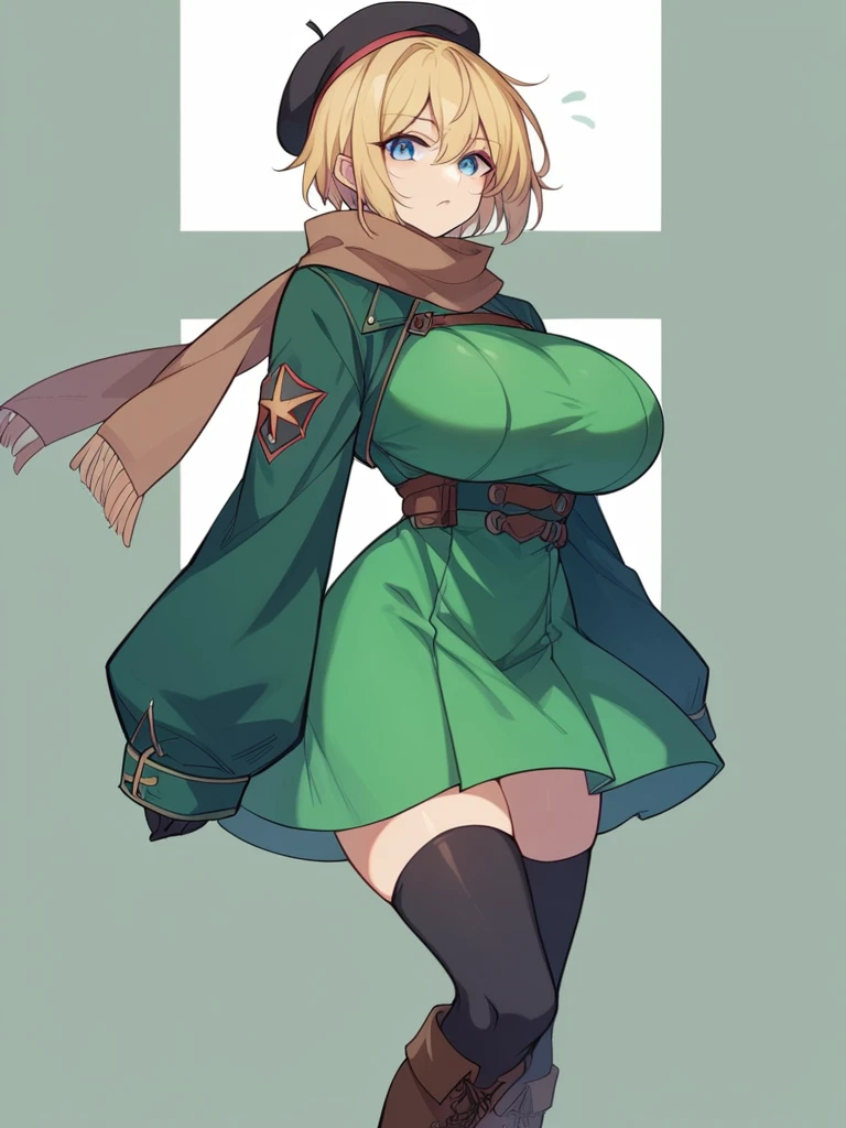 Fairy、1 Female、short hair、blonde、slender、Big Breasts、Bright Blue Eyes、Black elbow gloves、Black knee-high socks、little black beret、Brown scarf、Green Dress、black studded jacket、Brown boots、whole body、Are standing