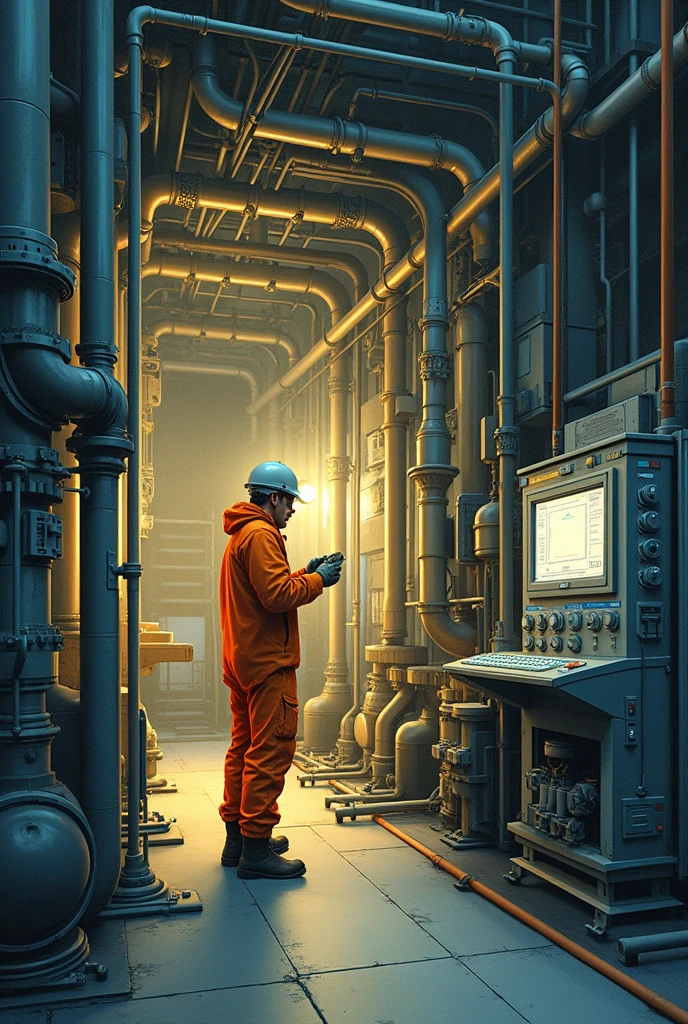 A picture of nuclear reactor inside and a man wprking
