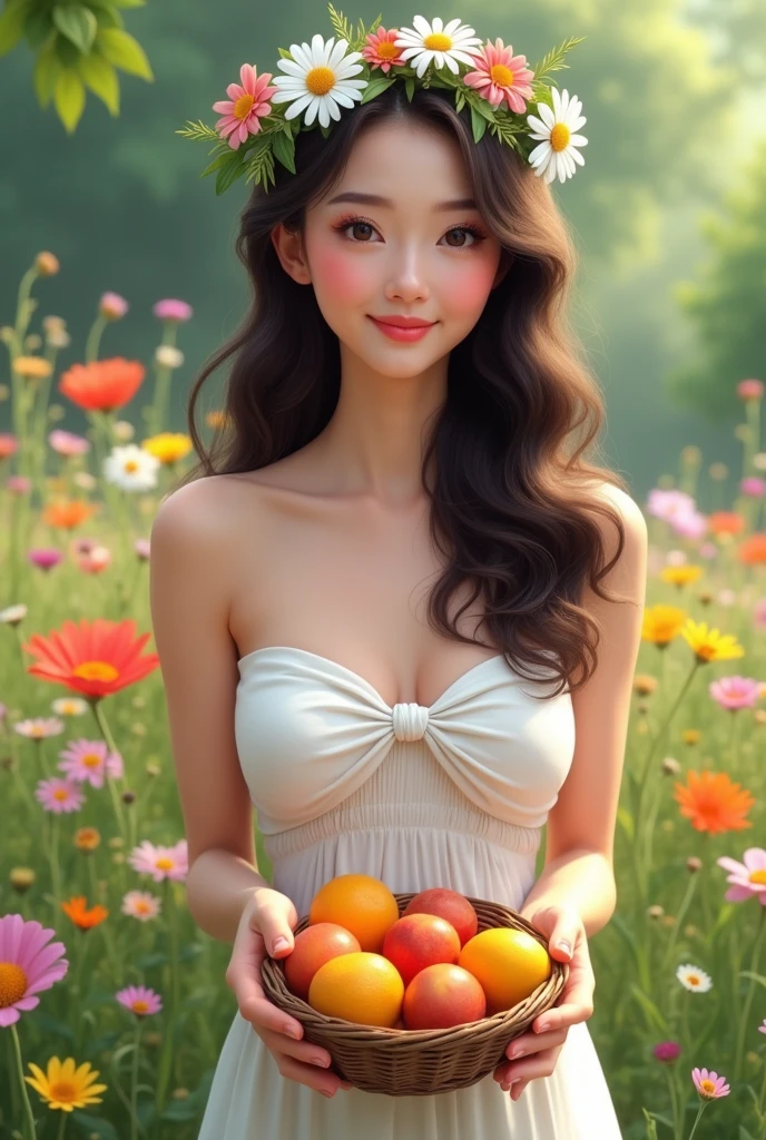 create a real image with vibrant colors. woman 40 years old, big black eyes, long wavy dark brown hair, Round face, small mouth, smile cute, White strapless dress with a knot on the chest, midi size, a crown of wildflowers and daisies in her hair, Garden, a basket of fruit in hands.