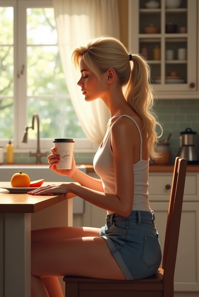 An 1 woman with light blonde, wavy hair, sitting at her kitchen table in the morning, dressed in a simple tank top and shorts that subtly highlight her curvy figure. The kitchen is softly lit by natural light from a nearby window, creating a peaceful, homey atmosphere. She’s enjoying a quiet breakfast, with a cup of coffee and a small plate of fruit in front of her. Her short stature is complemented by the relaxed, intimate setting, capturing a candid moment in her day