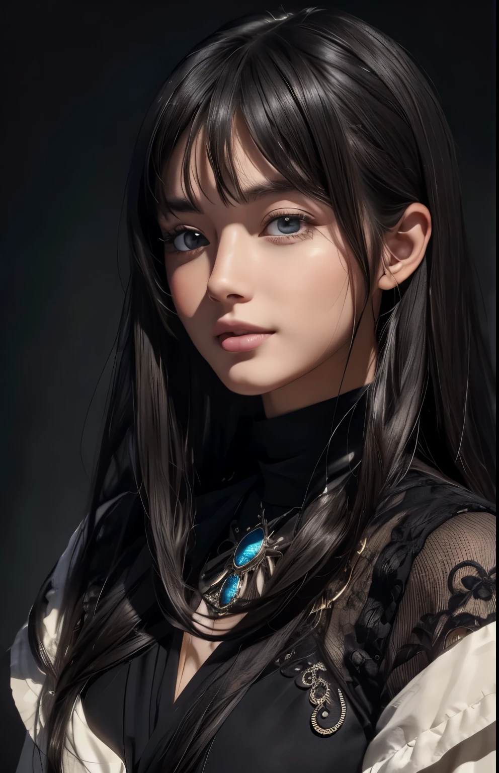 (extremely realistic), (illustration), (improved resolution), (8k), (very detailed), (Best illustration), (beautiful and delicate eyes), (best quality), (very detailed), (masterpiece ), ( wallpaper), (detailed face), alone, 1 girl, looking at viewer, fine details, detailed face, in the dark, deep shadows, low key, pure face_v1, smiling, long hair, black shawl straight hair , 46 point diagonal bangs