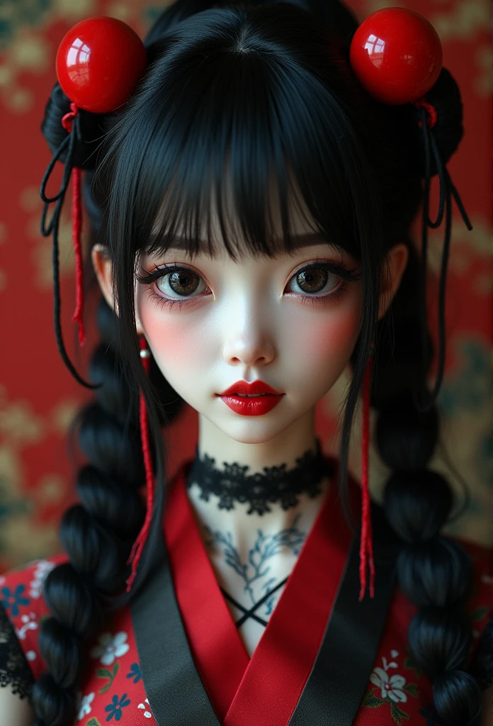 Masterpiece, Best quality, gif,1 porcelain ceramic girl, Solo, Natural skin texture, Realistic black eyes and facial details :5),(Dark :1. 4), Deep shadows, Extremely detailed beauty, Detailed eyes and face, sharp black eyes, Red lipstick, No black eyeliner, Detailed Gothic costumes, pony tails, Black hair, nikon d850 film, Surreal, Authentic textures, Dramatic, lighting, illusory engine, (facial clarity :1). 5), (Transparent clothes :1); 1) Gothic style, Black lace, tattoo. Japanese girl with more or less long black hair with bangs and red highlights, e sexy, Lady,Red hair,dress,beautiful,anime,tattoo, face portrait, close up, big beautiful detailed eyes, ulzzang, art nouveau, candy, sweets, tattoo background pattern, tapestry, backlit, neon palette, geisha, 3 dimensional against a traditional japanese tapestry, ,((long hair slightly wavy slightly past the shoulders, black bangs, small black pigtails on the sides, cute cat ears, beautiful thin red eyes,)),Gafe,Muslos carnosos,Estilo de publicidad del cartel.,Ultracortos,Simetall,C cup,happy expression, jinxlol