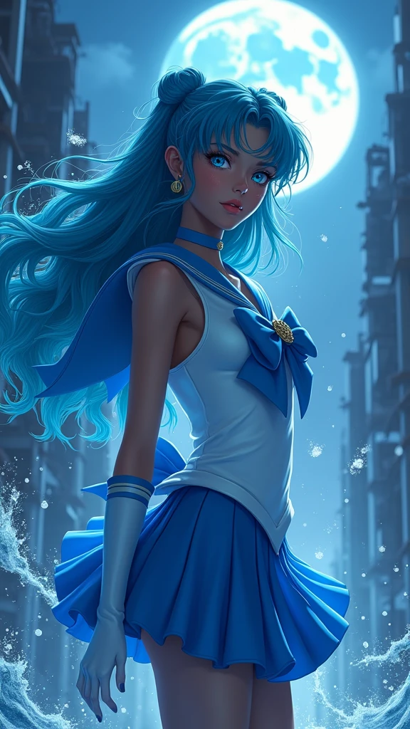 Sailor Mercury with blue hair and , (dark ebony skin:1.4),(background city destroyed apocalypse Tokyo night :1.4), Artgerm JSC, portrait knights of zodiac girl, extremely detailed Artgerm, Ross Tran 8 K, in the style of ross tran, Artgerm Julie Bell Beeple, by Ross Tran, ross tran style, alena aenami and artgerm, inspired by Ross Tran, high quality, (raw photo, best quality), (realistic, Photorealistic: 1.4), (extremely delicate and Beautiful: 1.4), Amazing, fine details, masterpiece, Ultra detailed, high resolution, best illustration, best shadow, intricate, ( extremely intricate: 1.2), (exquisitely detailed skin), cinematic light, Perfect anatomy, (cool color: 1.4), Sharp focus, 8K UHD, DSLR, (Fujifilm XT3),(dark ebony skin:1.4),( cinematic lighting :1.4), ,(Tokyo cyberpunk ruined dungeon ruins background :1.4 ),( pose americano :1.4), (Sailor Mercury :1.4), (a uniform with a blue skirt and light blue bows:1.4) .(85mm f/1.4), (different face extensions :1.4), (beautiful woman beauty a goddess of nature :1.4), epic fantasy art style hd, 4K fantasy art, epic fantasy digital art style, epic fantasy art style, Fantasy Woman, epic fantasy art portrait, Epic fantasy style, hyperrealistic fantasy art, hd fantasy art, epic fantasy character art, epic fantasy art, in style of dark fantasy art, epic fantasy digital art, (Sailor moon Mercury:1.4), (Sailor Mercury V2.1), (half body pose:1.4 ), - floating particles, magic water:1.4),( floating water:1.4) ,(surrounded by swirling water:1.4), (skirt lifted by itself: 1.1), (skirt lift: 1.3), (showing white panties: 1.3), (mostrando panties upskirt :1.4)
