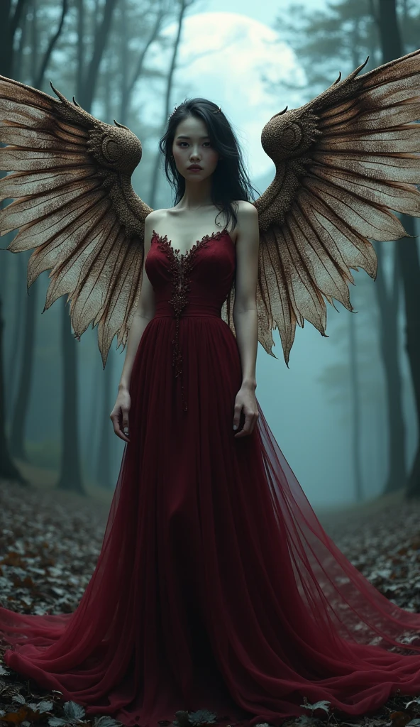"Captivating, ethereal fantasy portrait of a enchanting winged figure. Her stunningly detailed, intricate wings, adorned with ornate, organic patterns, stretch out dramatically against a mysterious, moonlit forest backdrop. The subject's elegant, flowing gown in a rich, regal burgundy hue accentuates her alluring presence, while her captivating gaze and delicate facial features convey a sense of both power and grace. The overall scene exudes an aura of supernatural beauty and mysticism, transporting the viewer to a realm of fantasy and ethereal wonder. This visually striking composition expertly blends fantastical elements with a refined, haute couture aesthetic, reminiscent of the imaginative, boundary-pushing work of acclaimed artists like Yoshitaka Amano and Brom."
The image presents a captivating, fantasy-inspired portrait of a winged female figure set against a moody, moonlit forest backdrop. Her intricate, intricately patterned wings stretch out dramatically, complementing the elegant, flowing gown that adorns her figure. The subject's alluring gaze and delicate features convey a sense of both power and grace, imbuing the scene with an aura of supernatural beauty and mysticism. The visually striking composition seamlessly blends fantastical elements with a refined, haute couture aesthetic, reflecting the imaginative, boundary-pushing styles of renowned fantasy and conceptual artists.